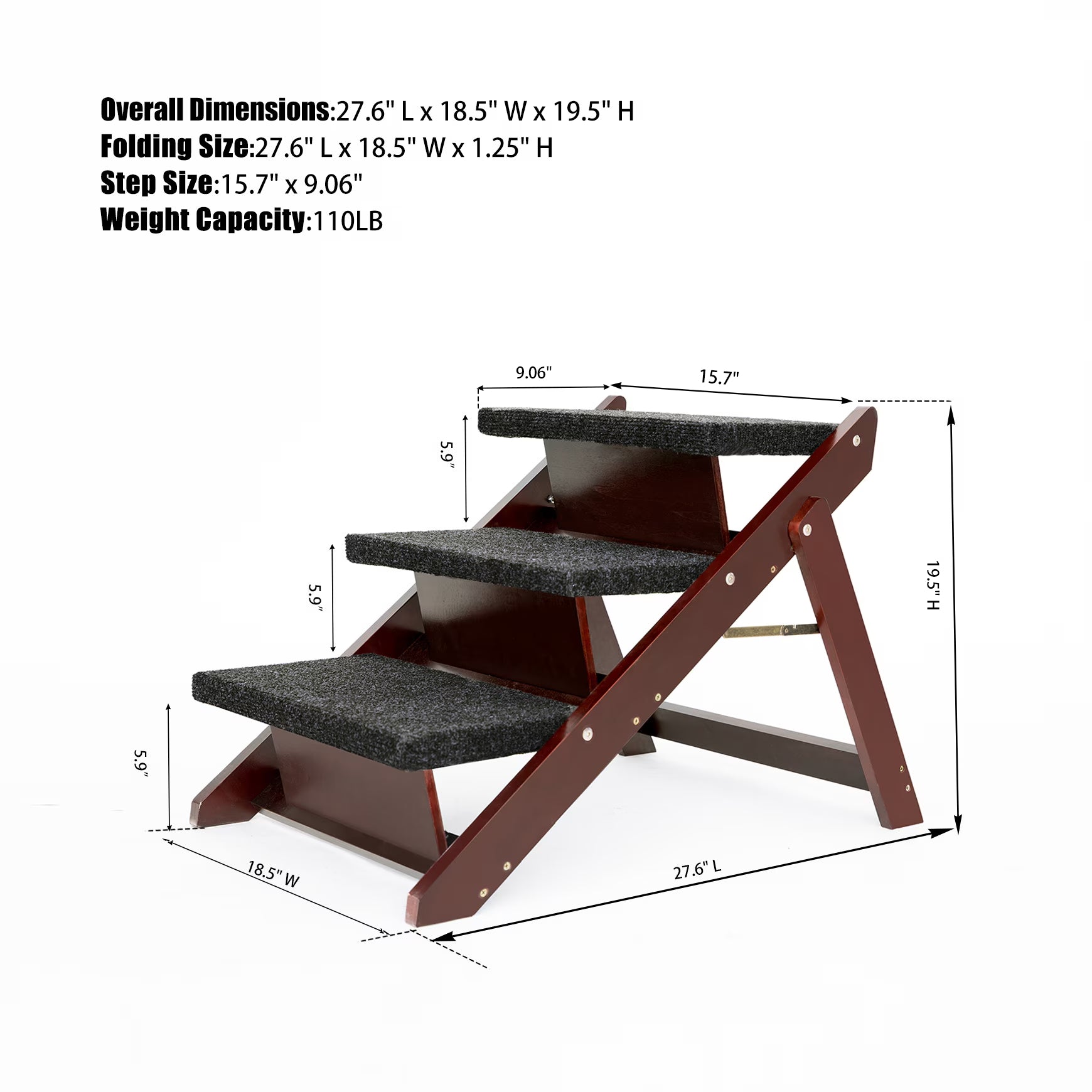 Wood Pet Stairs Pet Steps Foldable 3 Levels Dog Stairs & Ramp Perfect For Beds A