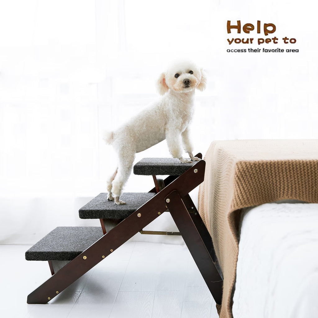 Wood Pet Stairs Pet Steps Foldable 3 Levels Dog Stairs & Ramp Perfect For Beds A