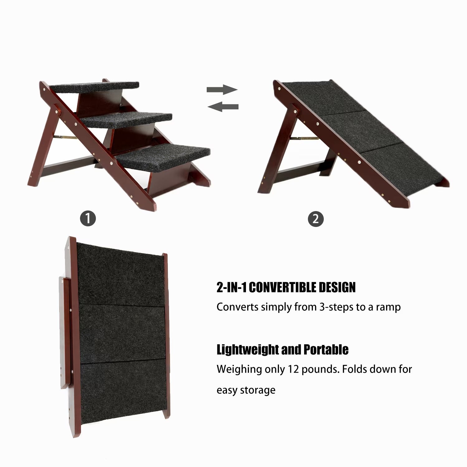Wood Pet Stairs Pet Steps Foldable 3 Levels Dog Stairs & Ramp Perfect For Beds A