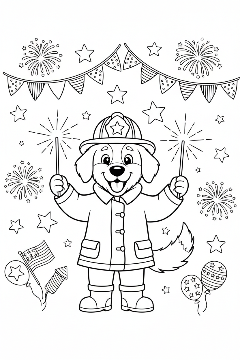 Printable firefighter dog 4th of July coloring page