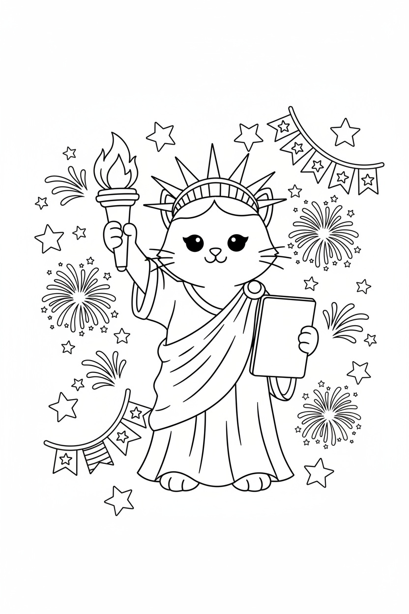 Printable Lady Liberty cat 4th of July coloring page
