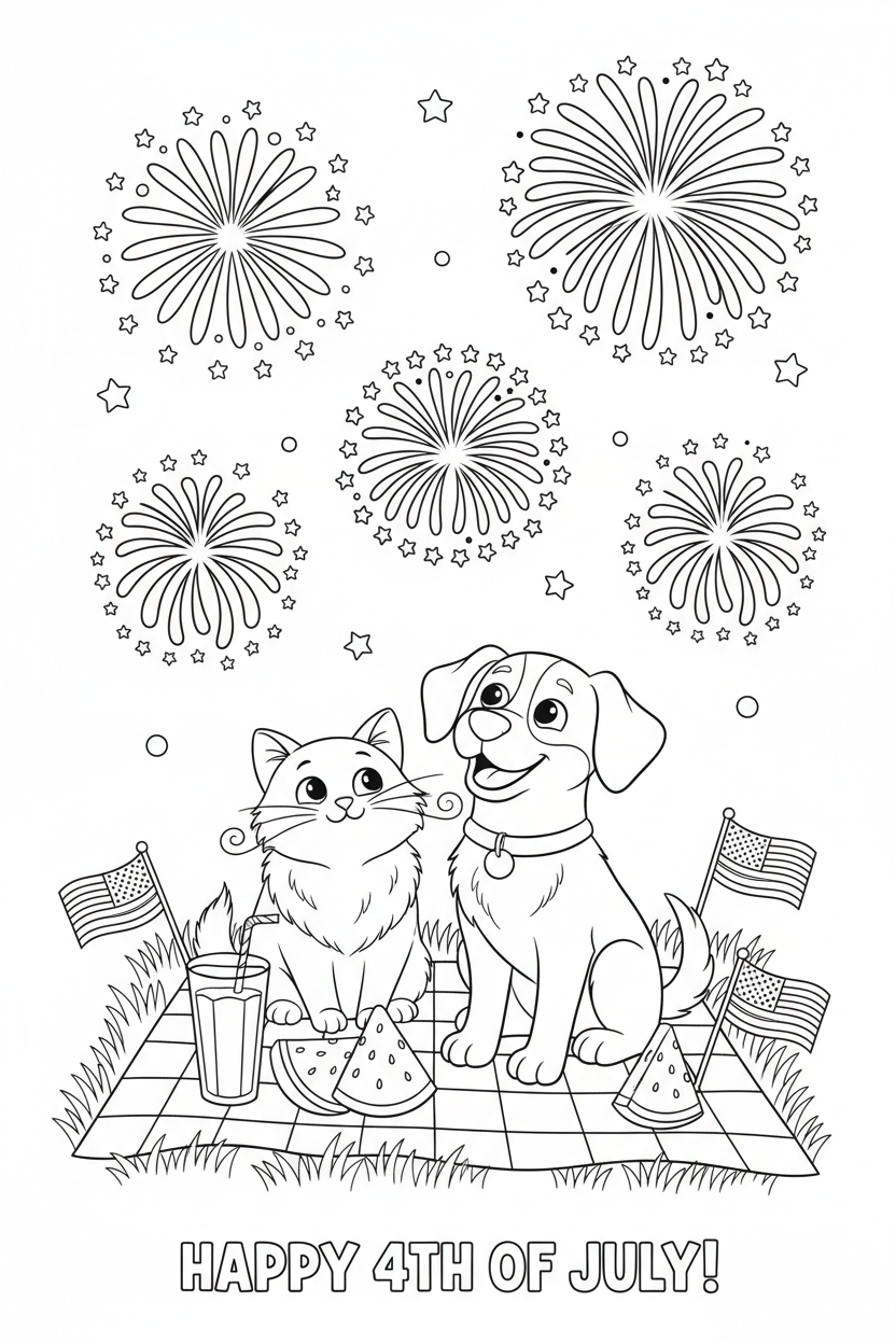 Printable cat and dog 4th of July picnic coloring page
